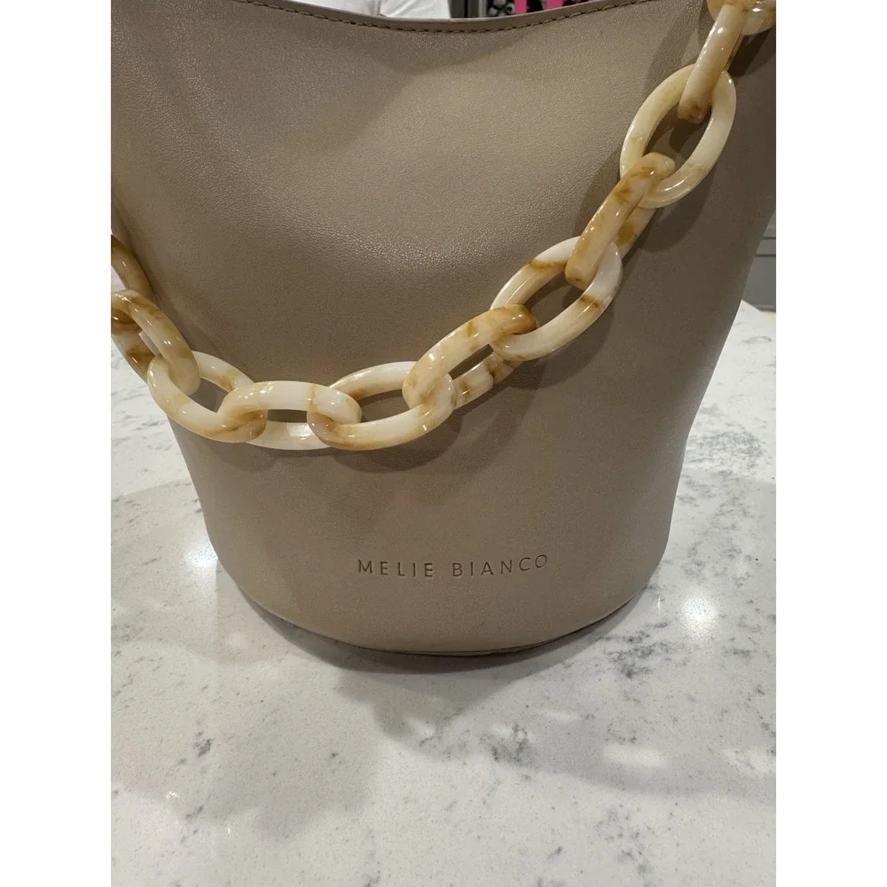 Melie Bianco Beige Vegan‎ Leather Bucket Bag Chunky Resin Chain Handle Taupe